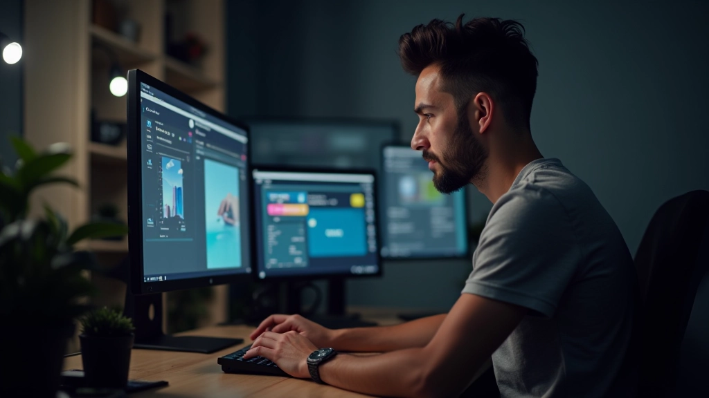 Designer criando sequência de frames de animação em software de motion design profissional, telas múltiplas com timeline visível