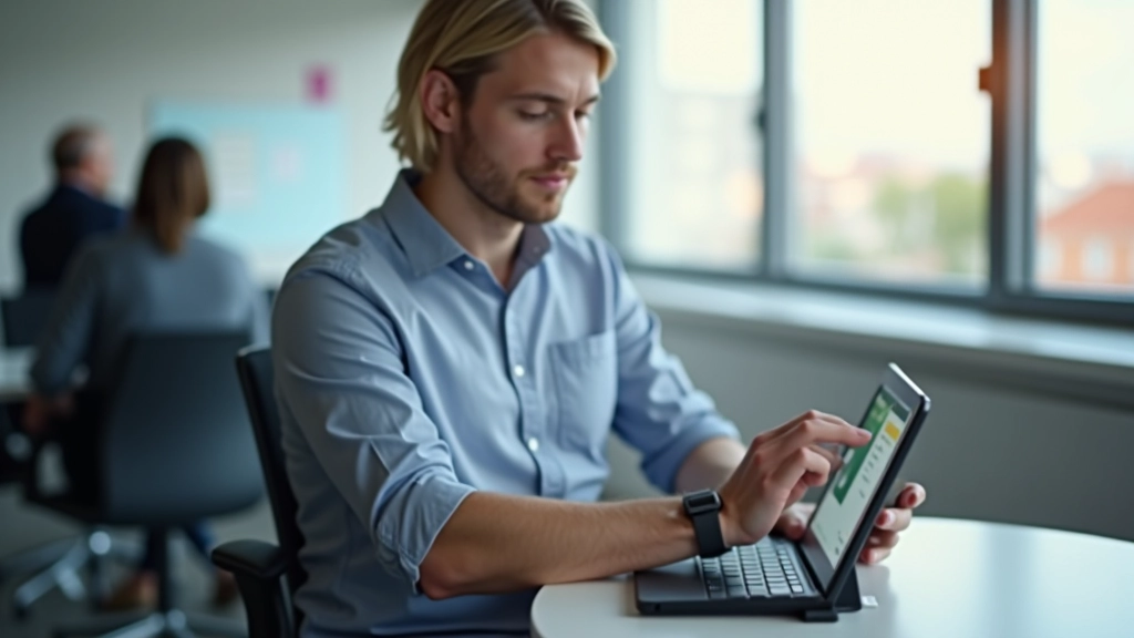 Designer instrucional testando animação interativa em tablet com gesto de toque